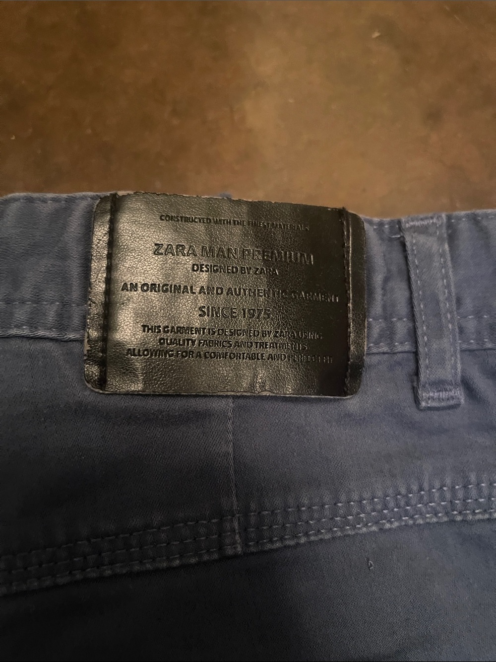 Zara Man Premium Navy Trousers with Leather Logo Patch
